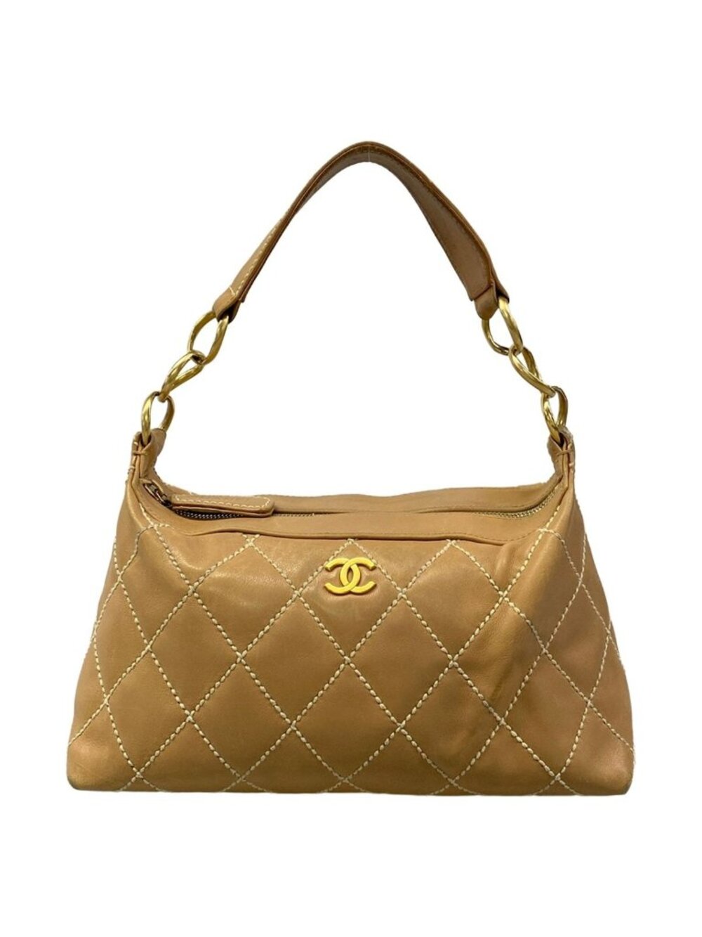 Chanel Shoulder Bag Wild Stitch Light Brown Matte Gold Leather